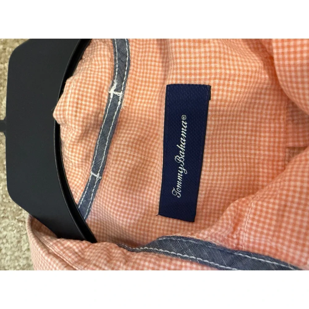 Tommy Bahama Button Down Mens L Orange Excellent Linen Blend Gingham Shirt